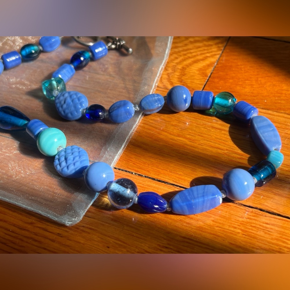 1960’s Vintage Blue Czech Glass Beaded Necklace, Handmade